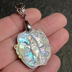 Rearing Bear Lake and Flowers Mother of Pearl Pendant